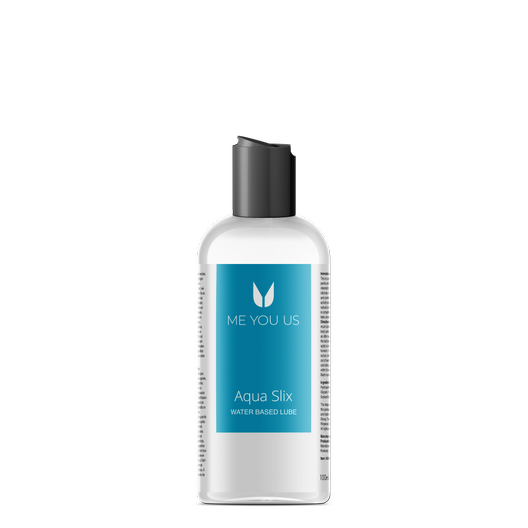 Me You Us Aqua Slix Water-Based Lube. 100ml. The image shows a transparent bottle of clear lube with a blue label and a black push open lid which flicks up.