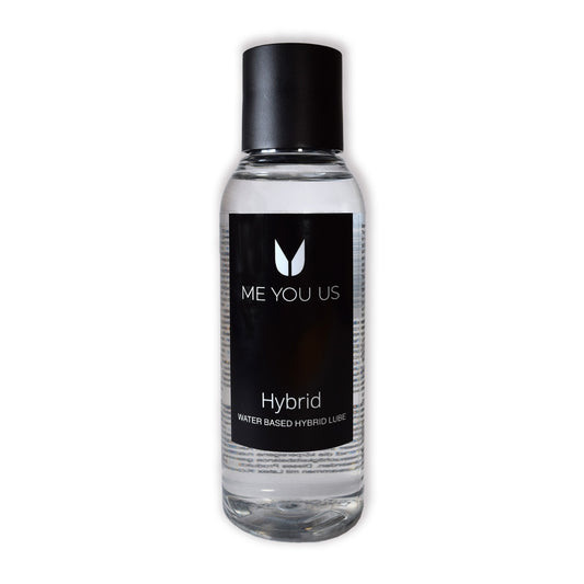 A Bottle of Me You Us Hybrid Water-Based Lubricant. The image shows a small bottle of clear liquid intimate lubricant with a screw lid. It has a black lable. It has a simple design with no illustrations.