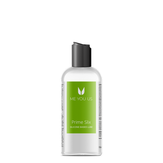 Me You Us Prime Slix Silicone Based Lube 100ml. The image shows a bottle of transparent lube with a smooth black easy to open, flick top lid. It has a green label with the brand and product name on it. It has a discreet design with no illustrations.