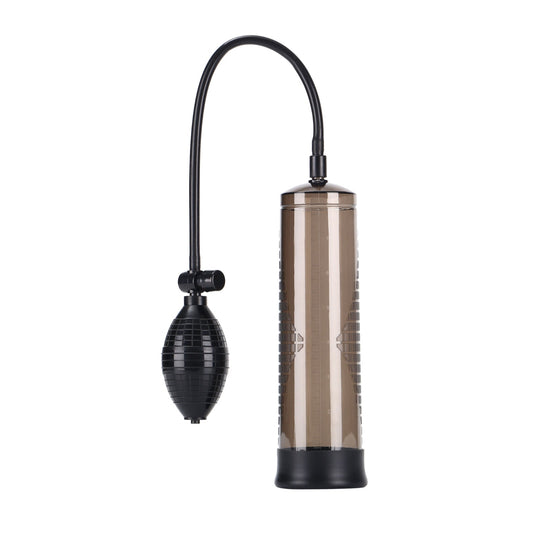 Pumped up smoke penis pump. SKU code: 16-17SMK-BCD. Clear cylinder with a black hand pump.