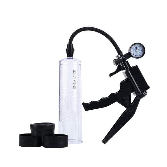 The X Factor Penis Pump for men. SKU: 2K220-3-BX. A clear cylinder penis enlarger with a pneumatic hand pump and pressure gage. It comes with 3 different black sleeve covers