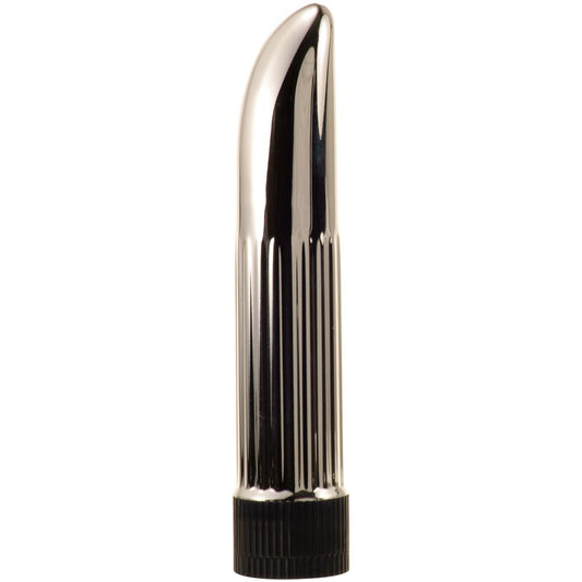 Lady Lust Mini Vibrator. SKU: 4040S-BX. A 4 inch vibrator with a 3 inch girth. It has a shining silver coating with a smooth tapered tip that curves on one side in a smooth right angle. It has long ribbed lines from the centre of the shaft down to the base. The base is a black, easy grip twist control with the texture of a plastic bottle lid. 
